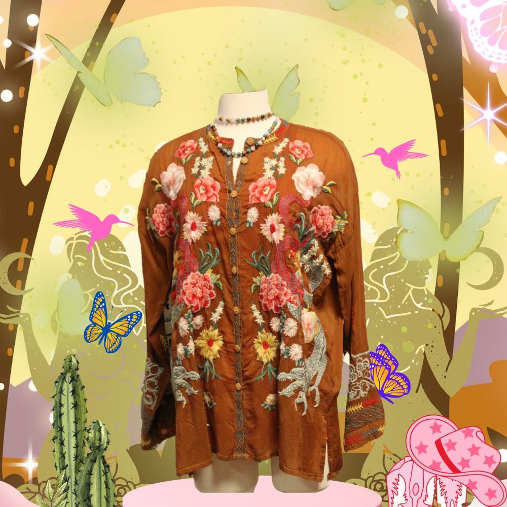 Johnny Was Dragon Embroidered Button-Down Long Sleeve Blouse